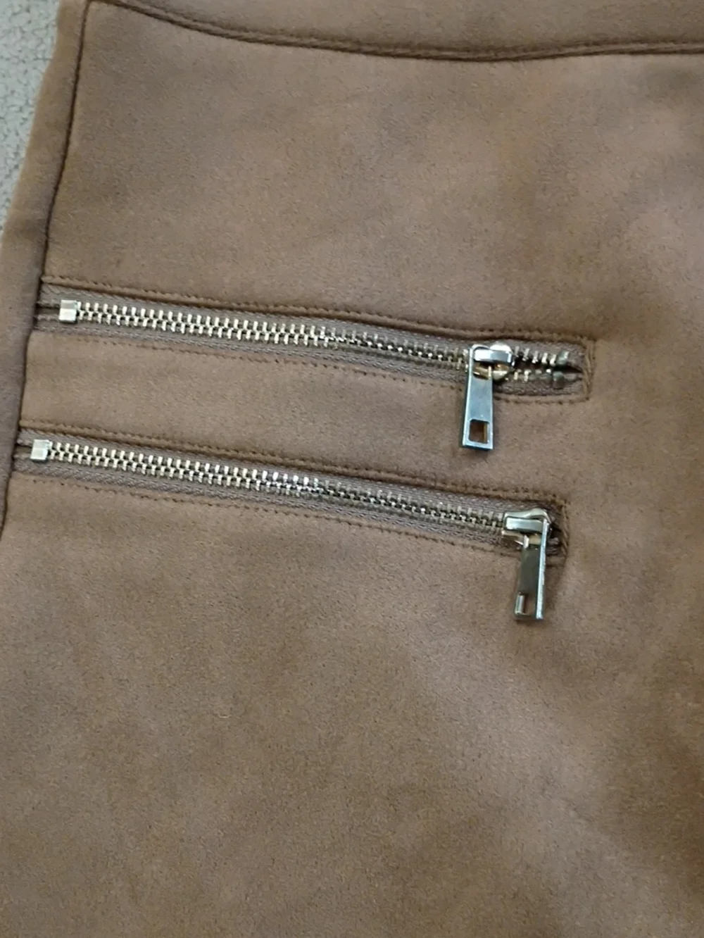 New No Tag.Suede Gold Zip-Accent Mini Skirt in Taupe - Picture 3 of 7